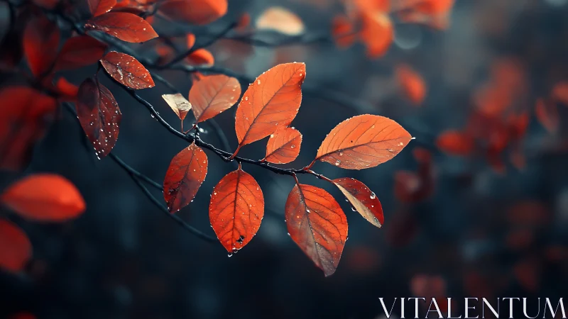 Red autumn leaves with raindrops against dark blurred background.