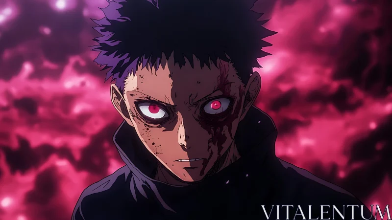 Fierce anime fighter standing strong in a storm of crimson light.