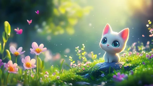 Tiny white kitten daydreaming in a glowing flower meadow.