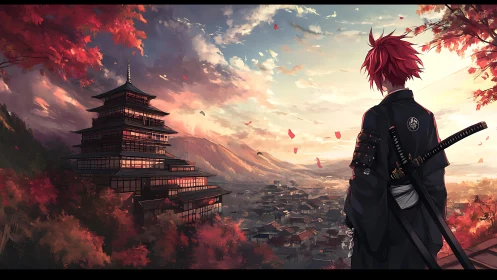 Samurai’s quiet pause above a glowing autumn village.