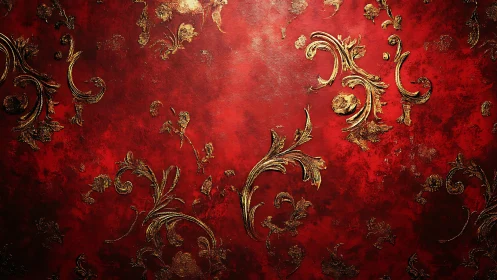 Red textured background with ornate gold floral scrolls.