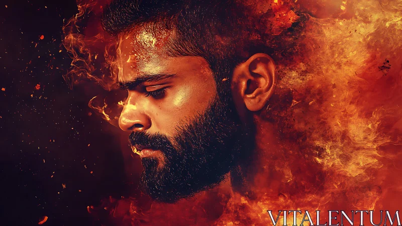 Combustive portraiture of bearded male profile in infernal bloom.