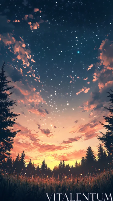 Starlit forest horizon glows beneath a serene sunset sky
