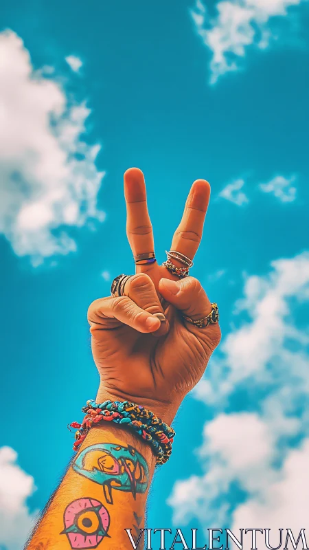 Tattooed hand peace gesture against cyan sky with clouds