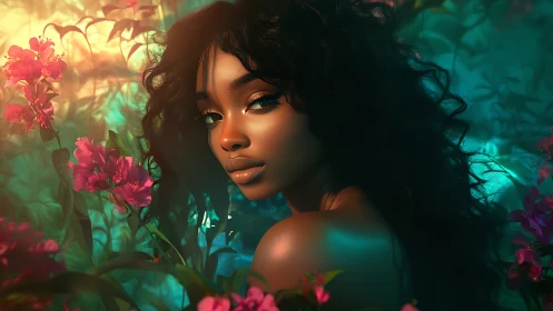 Digital portrait of woman surrounded by glowing flowers.