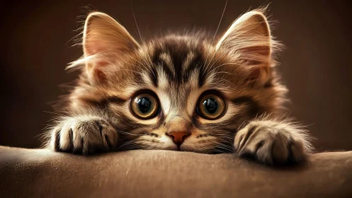 Tabby Kitten Peering Over Ledge with Wide Eyes.