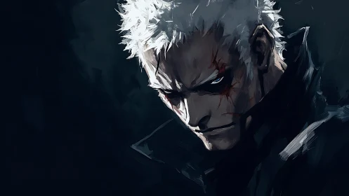 Scarred white-haired warrior glares through shadowed void.