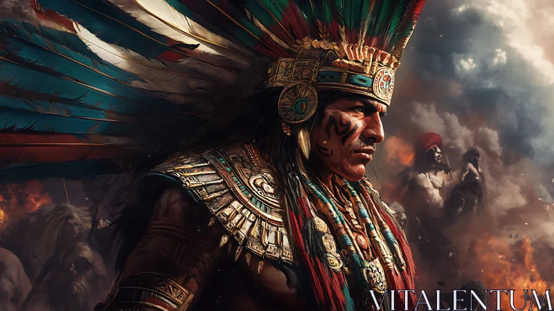 Warrior chief in ornate feathered headdress amid battle storm.