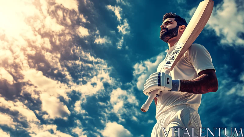 Cricket batsman studies sky under intense midday sun.