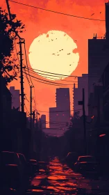 Molten dusk sun swallowing a quiet neon-tinted city street.