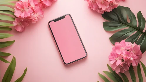 Smartphone Display Mockup With Botanical Flatlay Composition.