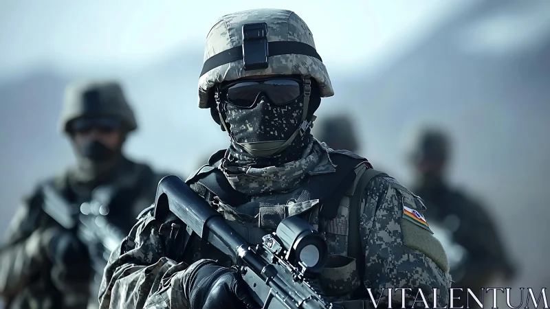 Soldier in digital camouflage holds rifle during field patrol