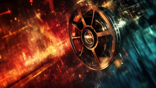 Cinematic film reel spins through fiery, neon light trails.