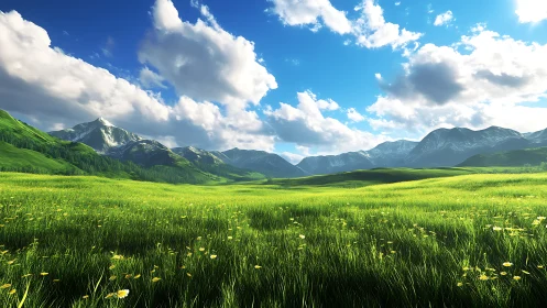 Bright green mountain meadow under wide blue sky.