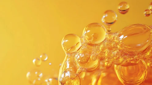 Golden oil bubbles cluster against vivid yellow backdrop.