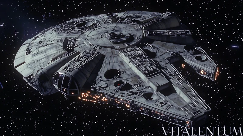 Beloved scrappy starship cruising confidently through space.