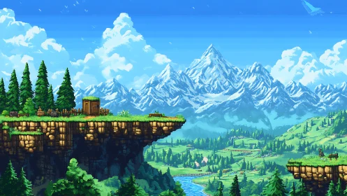 Pixelated alpine plateau with suspended terrain modules rendered.