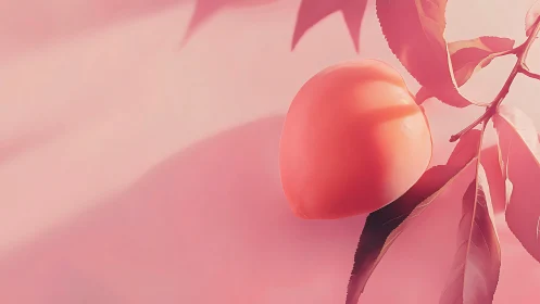 Softly lit peach fruit with stylized leaves in monochrome pink