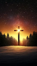 Glowing wooden cross over snowy field at sunset sky.