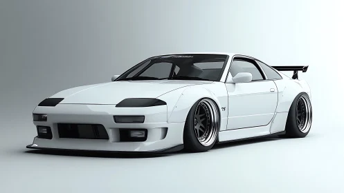 Low-slung white tuner coupe with widebody stance rendering.