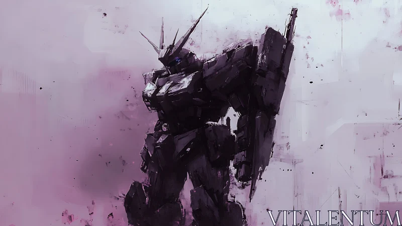 Stoic purple mech standing tall in a dreamy painted haze.