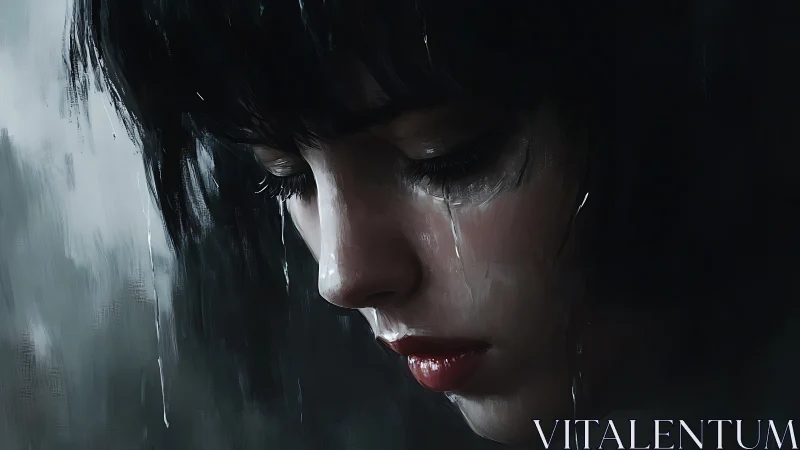 Melancholic female profile rendered in moody digital chiaroscuro