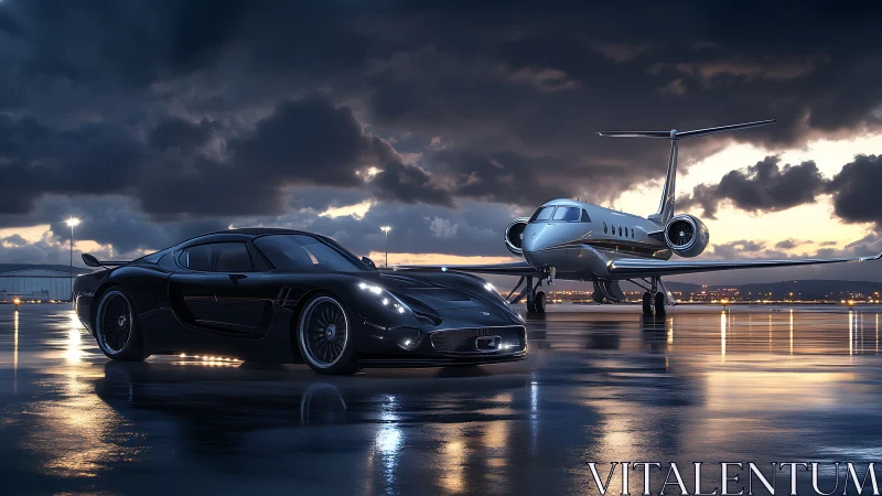Aerodynamic coupe and jet on rain-glossed twilight tarmac.