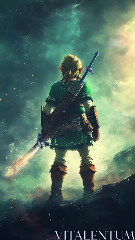 Fantasy warrior figure with sword facing luminous sky.