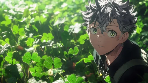 Anime boy with green eyes in dense clover field scene.