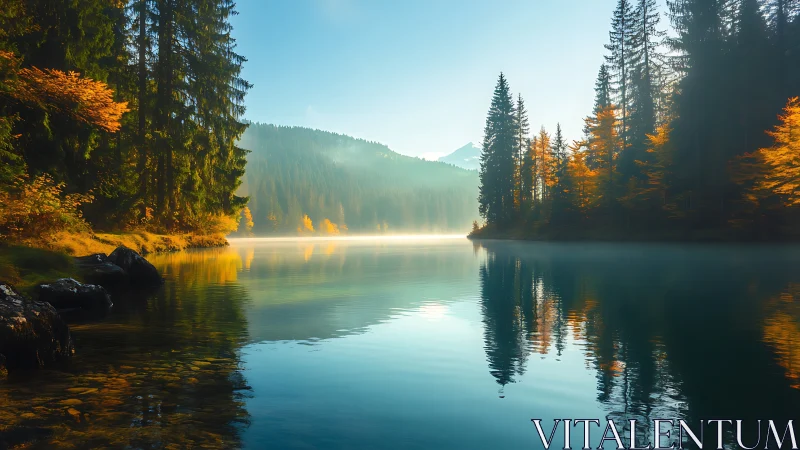 Calm forest lake with autumn trees and distant mountain peak.