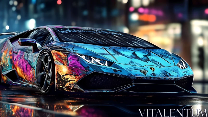 Neon-wrapped supercar with reflective anime livery on wet asphalt