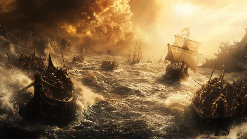 Golden storm engulfs warring armadas on raging sea.