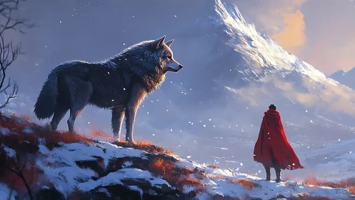 Lone wolf and red-cloaked wanderer in alpine dusk vista.