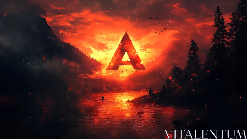 Glowing Triangle Symbol Over Burning Lake Landscape.