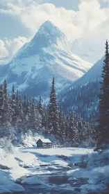 Snow cabin rests below towering alpine peak in winter dusk