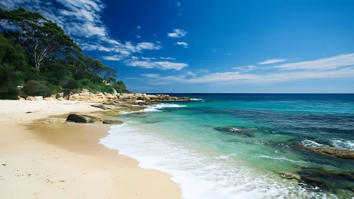 Sunlit cove where emerald waves flirt with quiet dunes.