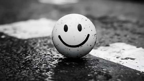 Smiley face ball rests on wet asphalt in grayscale scene