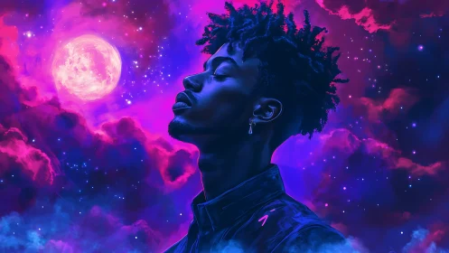 Neon-lit dreamer beneath glowing cosmic moonrise sky.