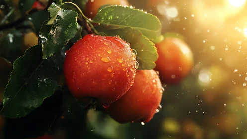 Macro close-up of dew-covered ripe apples in warm backlight