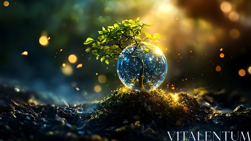 Magical Tree Growing in Glass Sphere, Fantasy Nature Artwork.