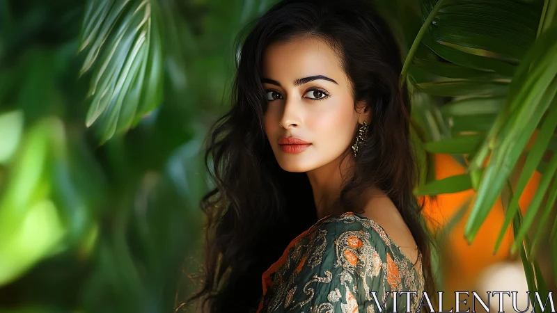 Jungle-silk gaze amid emerald leaves and candlelight hush.