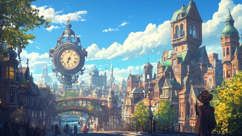Floating steampunk clock dominates sunlit river cityscape.