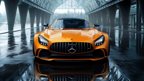 Orange sports coupe dominates sleek futuristic tunnel scene.