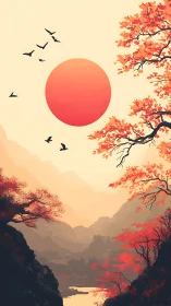 Crimson sun hangs over misty valley with vivid autumn trees