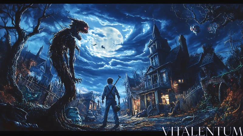 Moonlit haunted street confrontation with towering shadow wraith