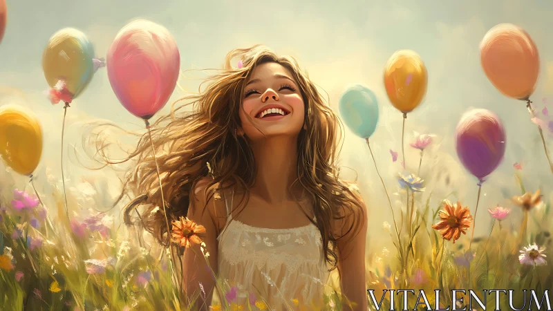 Sunlit laughter blooms between balloons in a painted meadow