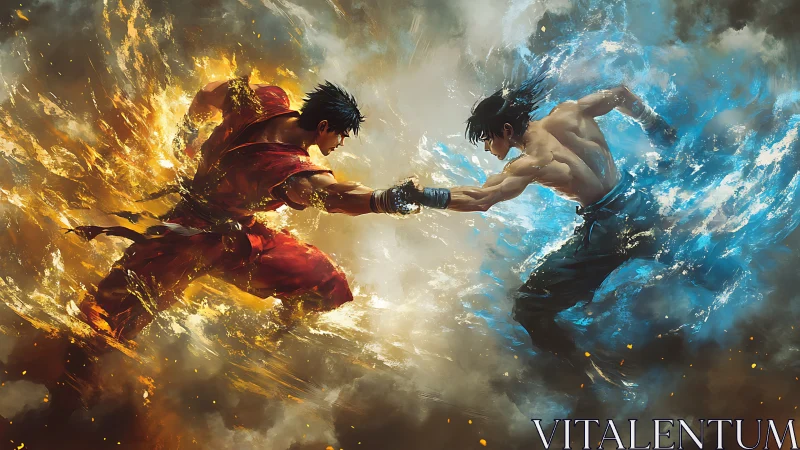 Fire and water martial artists locked in focused clash.