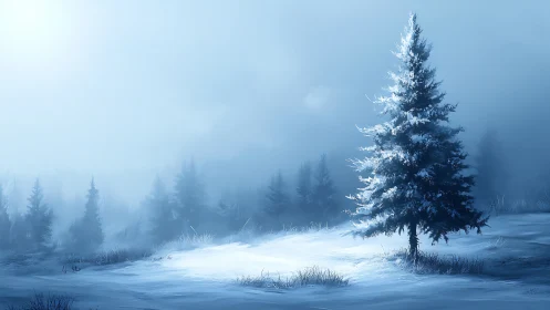 Digital painting of solitary frosted fir in misty winter field.