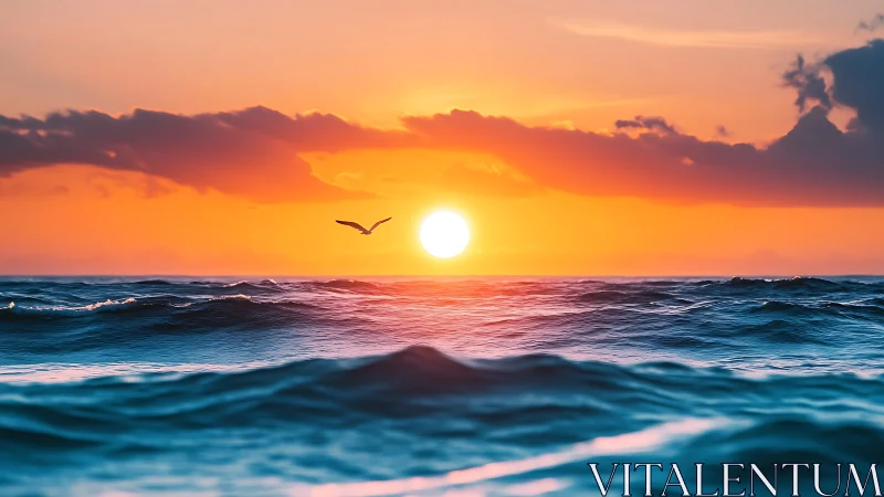 Sunset sun descends over vivid ocean waves under bird