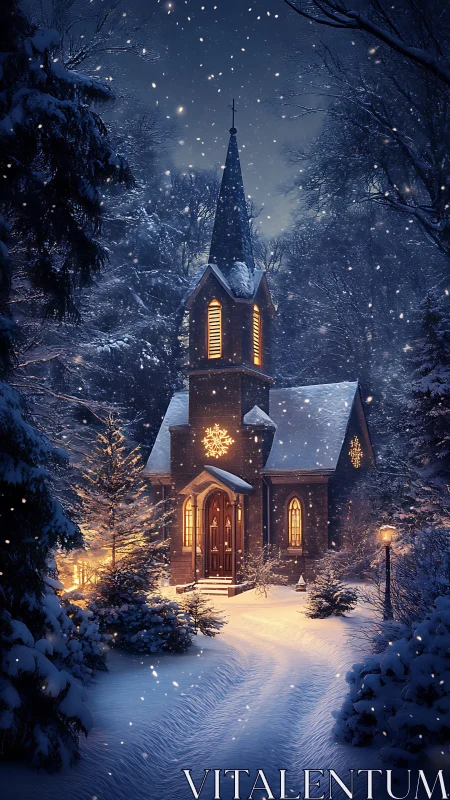 Snowy night church with warm lights in winter forest.